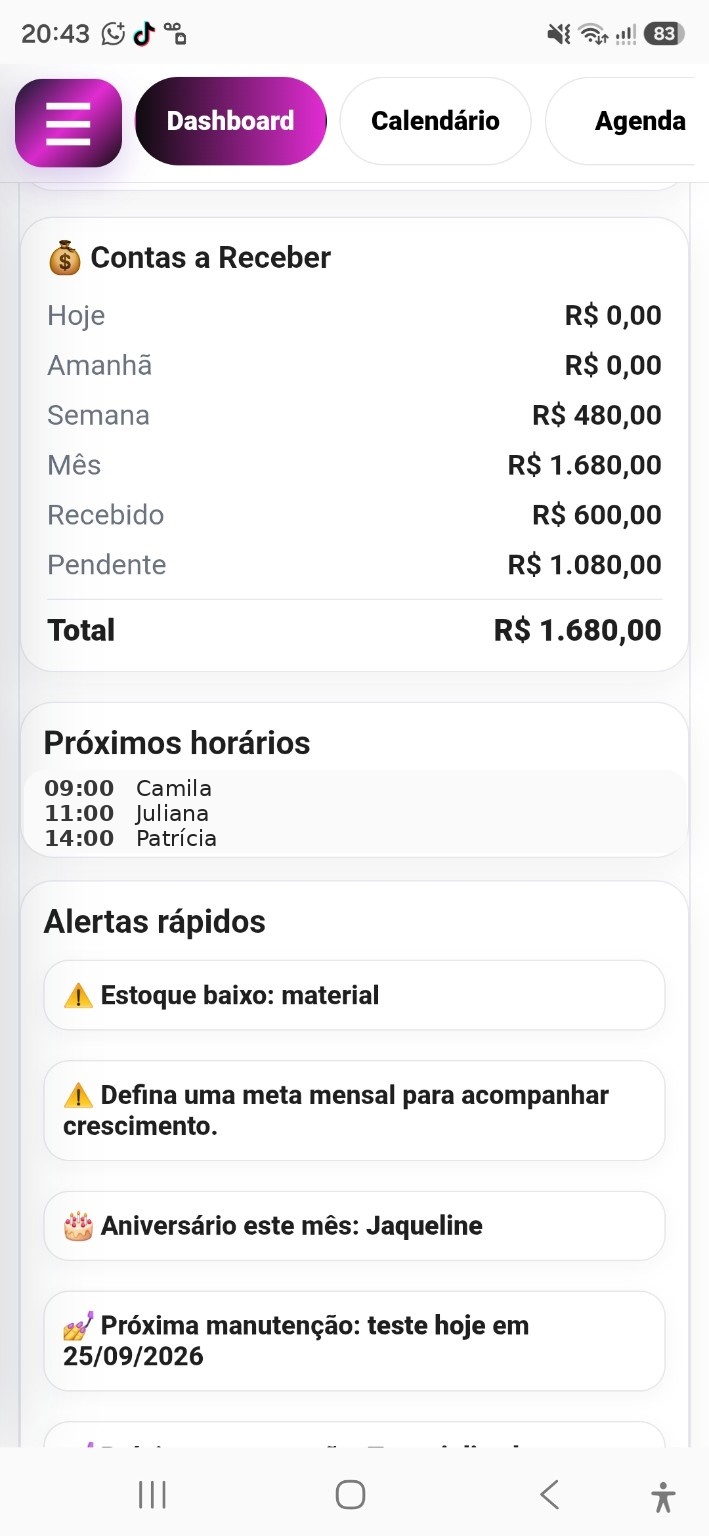 Tela real do Mania de Agendar mostrando contas a receber, próximos horários e alertas