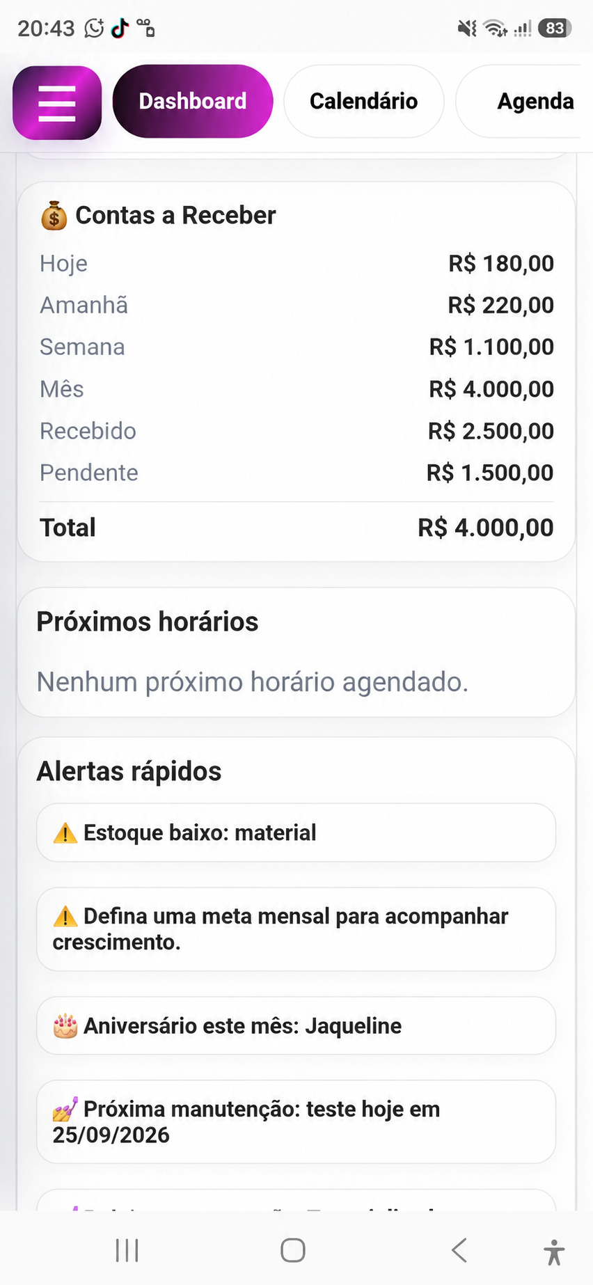 Dashboard do Mania de Agendar com dados de demonstração